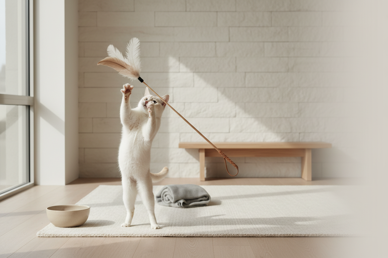 Cat playing with feather toy banner